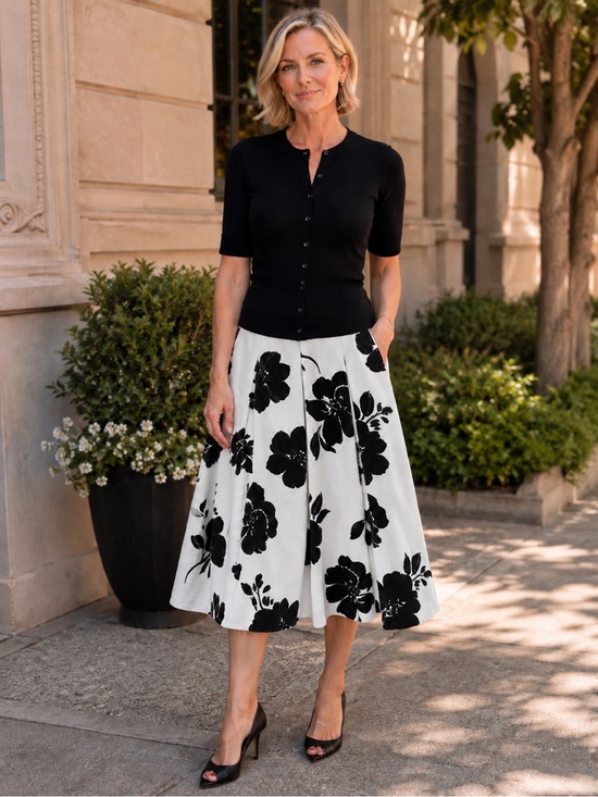 Dresses & Skirts - BHWM black & white graphic floral midi skirt  with pockets - 8